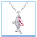 Girls festival accessory sliver fish pendant necklace platinum chains necklace with pink crystal